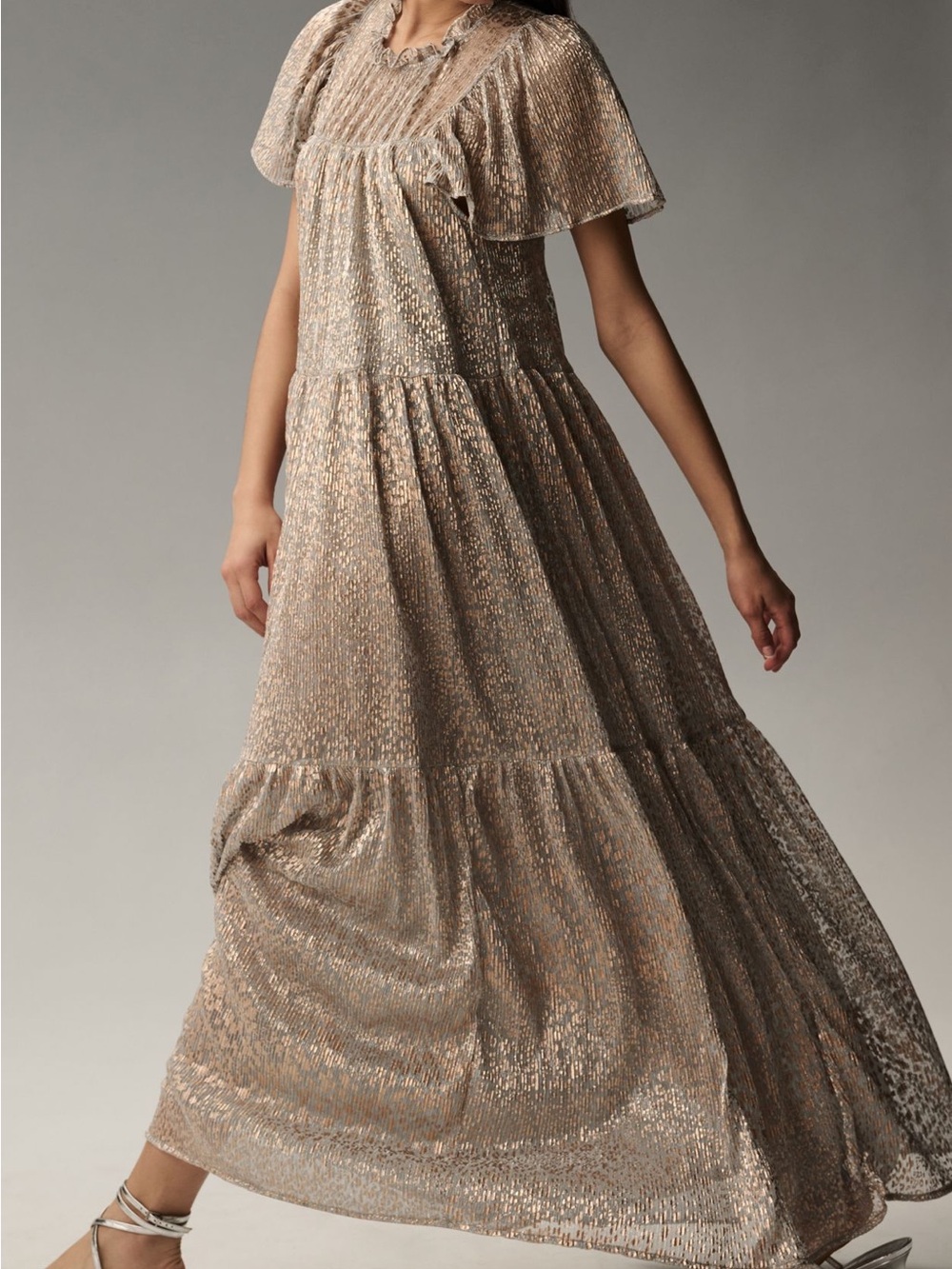 By Anthropologie Metallic Silver and Gold A-Line Maxi Dress XS